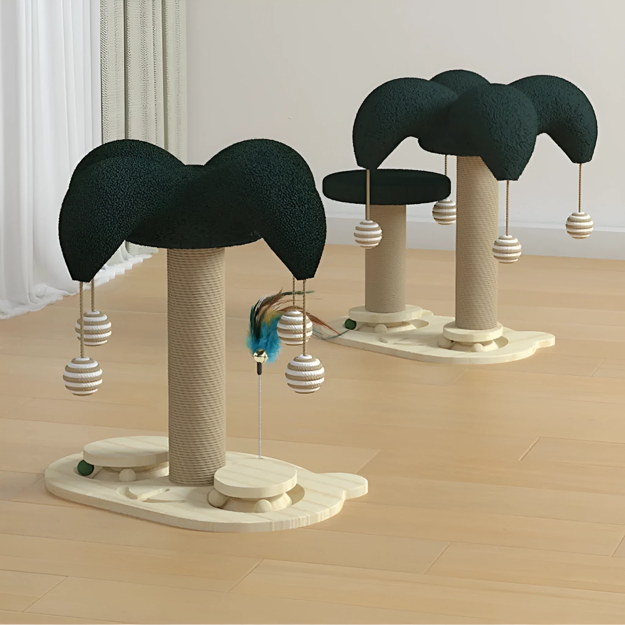 Solid wood cat scratching post with sisal rope and a rotating turntable in a panda design.