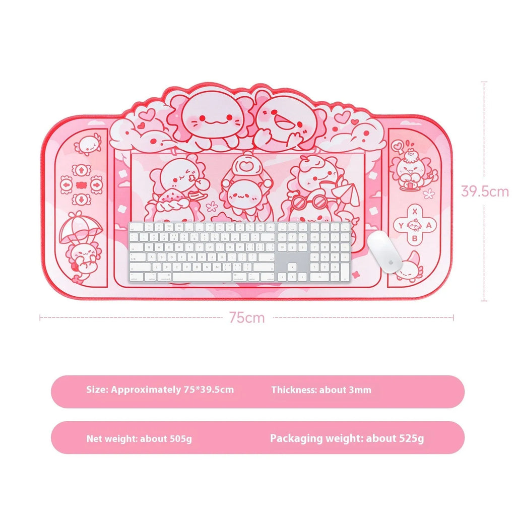 Large grey cloth mouse pad with cartoon anime hexagonal dragon crane machine print and a black wrist strap.