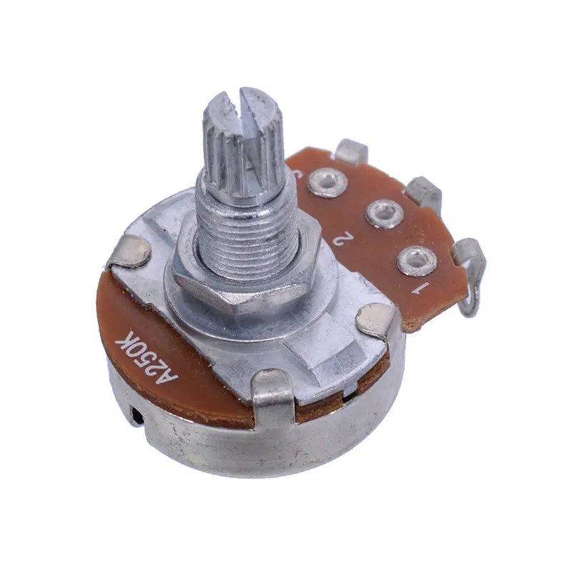 A single solid metal knob for an electric guitar's tone or volume control potentiometer.
