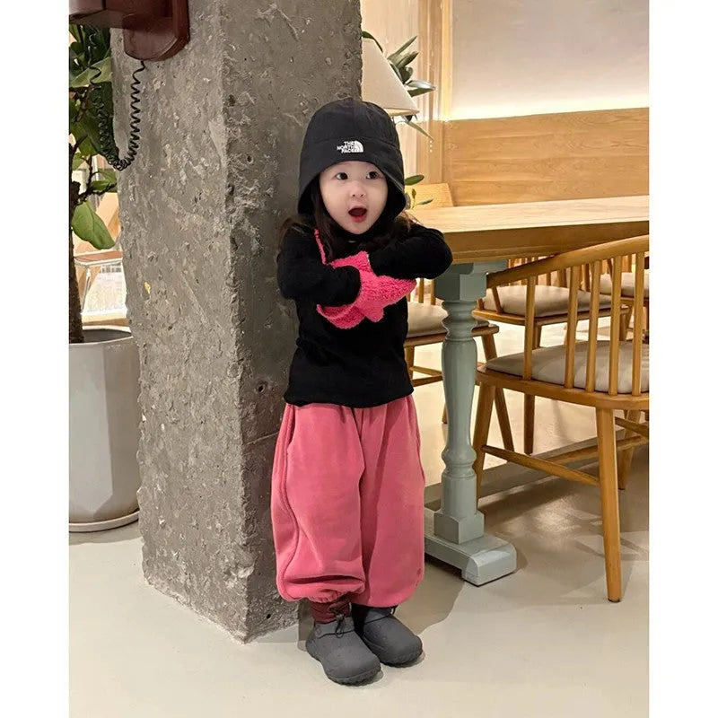 Girls rose red fleece sweatpants on display, casual trousers suitable for heights 90-140cm