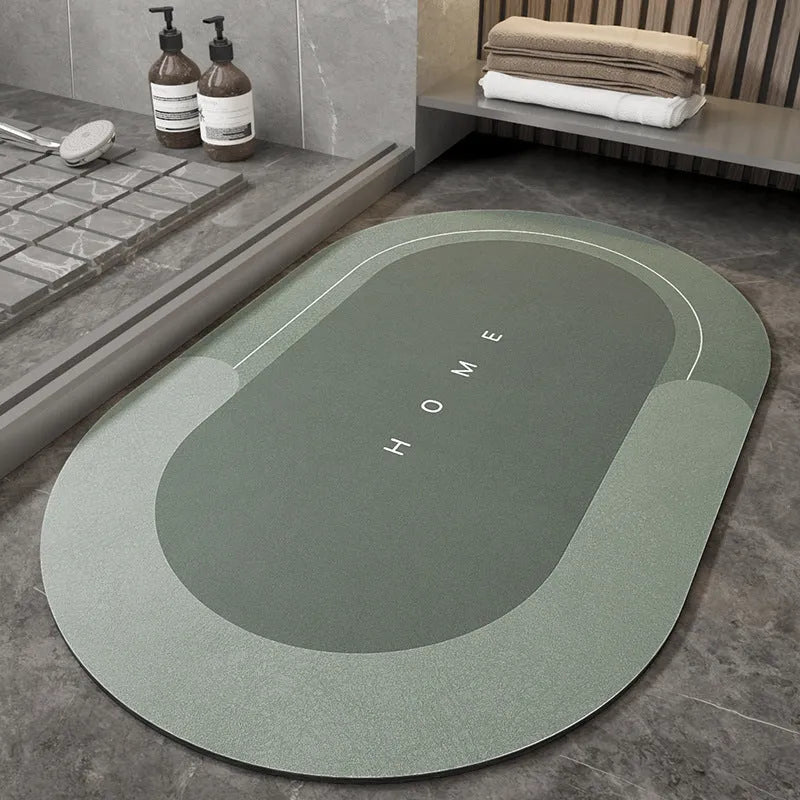 Baikal colour anti-slip bathroom floor mat in oval and rectangular shapes on tiled floor