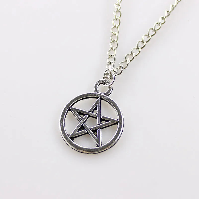 Vintage pentagram pendant necklace on alloy adjustable chain, bronze colour