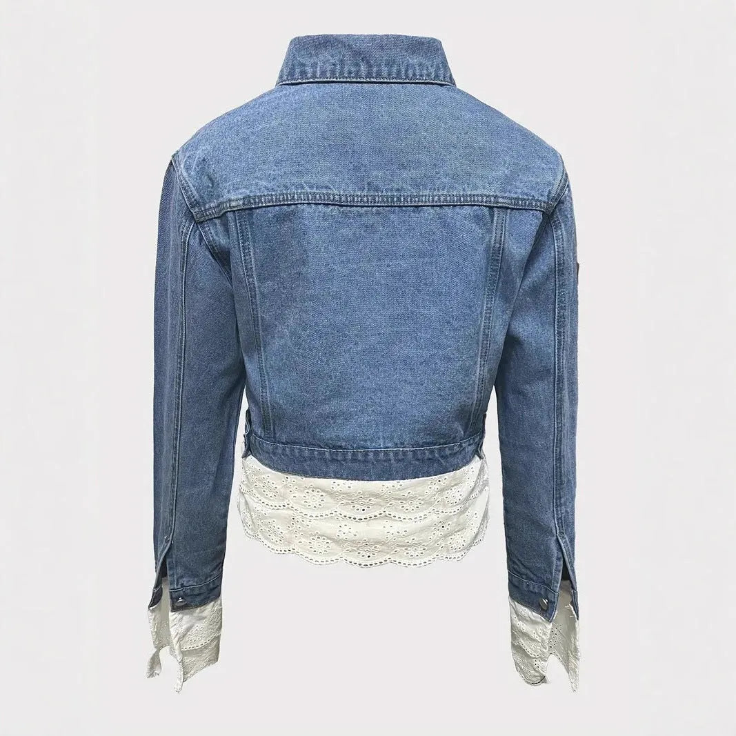 Blue women's denim jacket with white lace stitching detail on the front and sleeves.