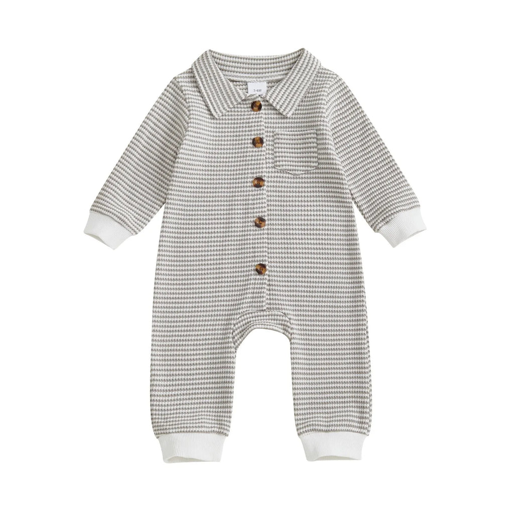 Babies' front open single-breasted knitted long sleeve jumpsuit in waffle cotton, light blue colour