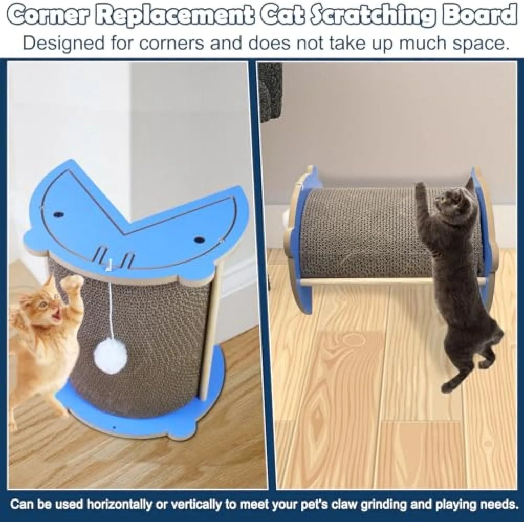 Corner-mounted cat scratching pad with hanging ball attachment for furniture protection