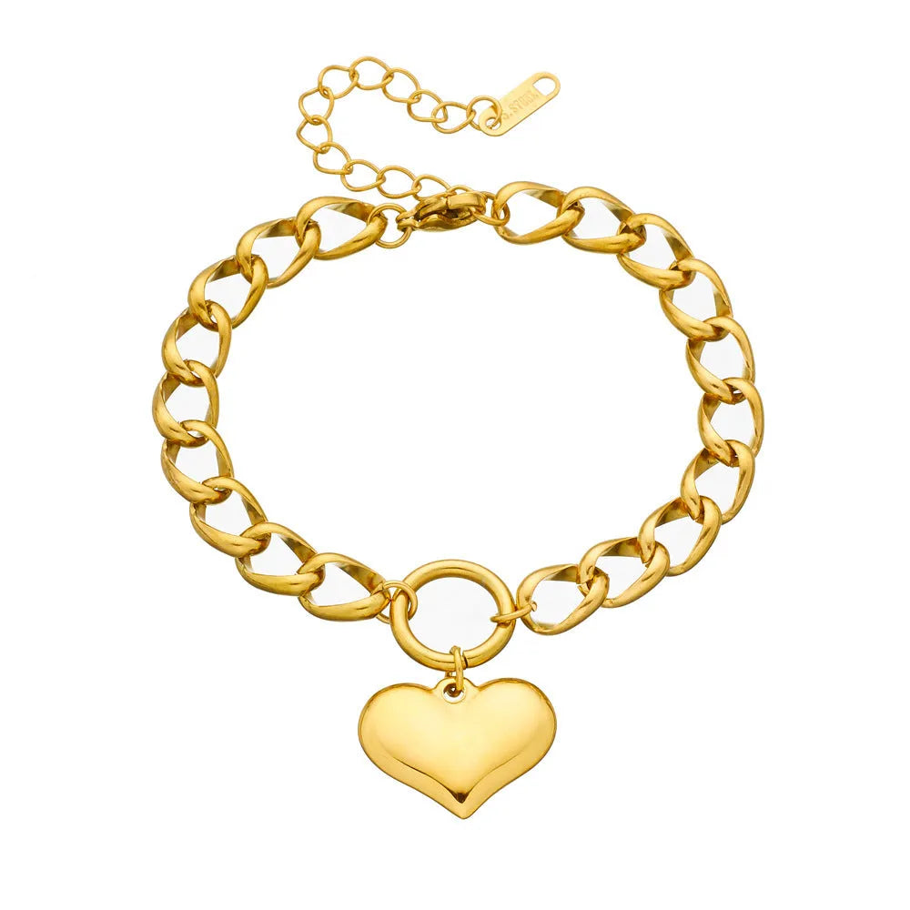 Titanium steel round chain bracelet with heart charm and petal detailing in gold N510