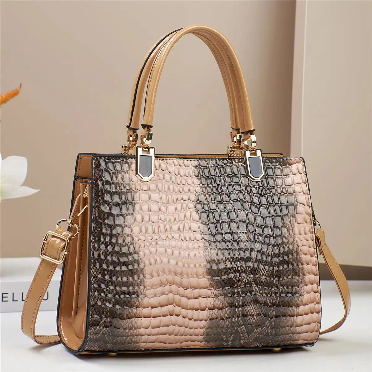 Large capacity soft PU women's one shoulder handbag in a horizontal square shape, showing internal zipper compartments.
