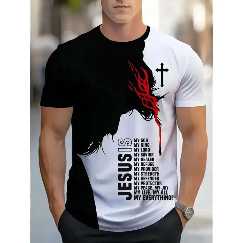Men's short-sleeved polyester T-shirt with digital 3D printed stripe pattern, loose casual fit