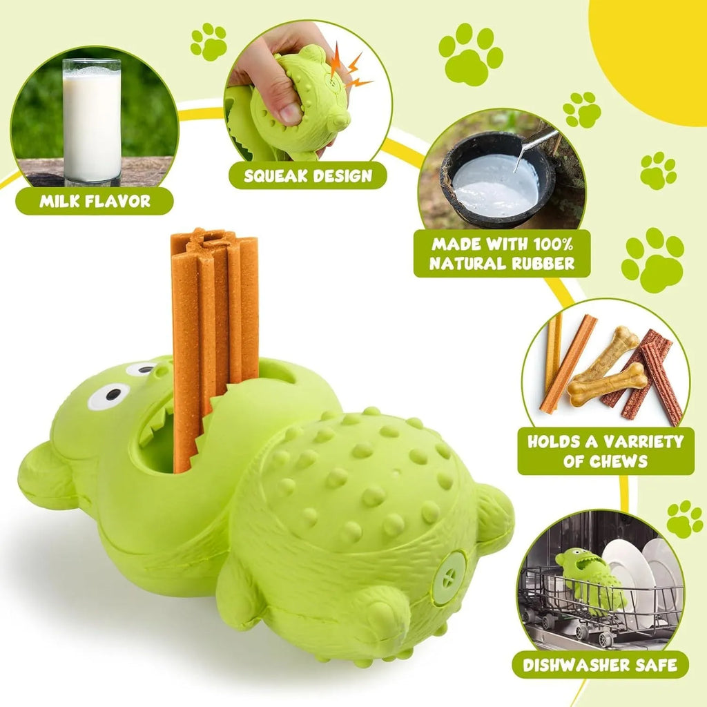 Green and yellow thick natural rubber squeaky dog toy for aggressive chewing breeds.