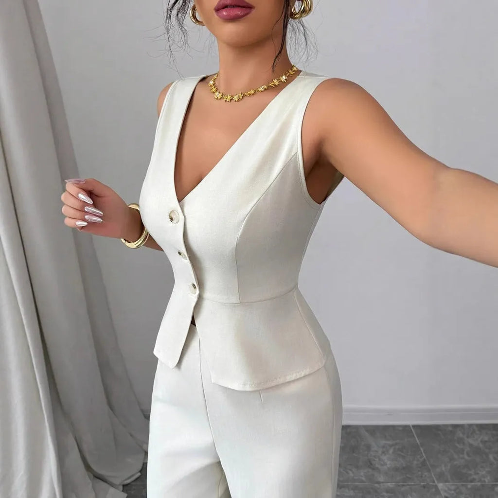 Women's solid colour sleeveless vest and high waist trousers two-piece set in casual style