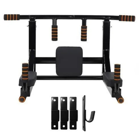 Black wall-mounted steel fitness equipment with parallel bars and a sandbag rack mounting point.