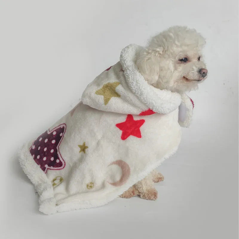 White coral fleece pet pajamas with moon and stars pattern on a light background, size M