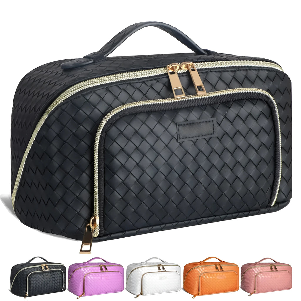 Large-capacity waterproof PU cosmetic organiser bag with multiple pockets and metal zipper in orange colour