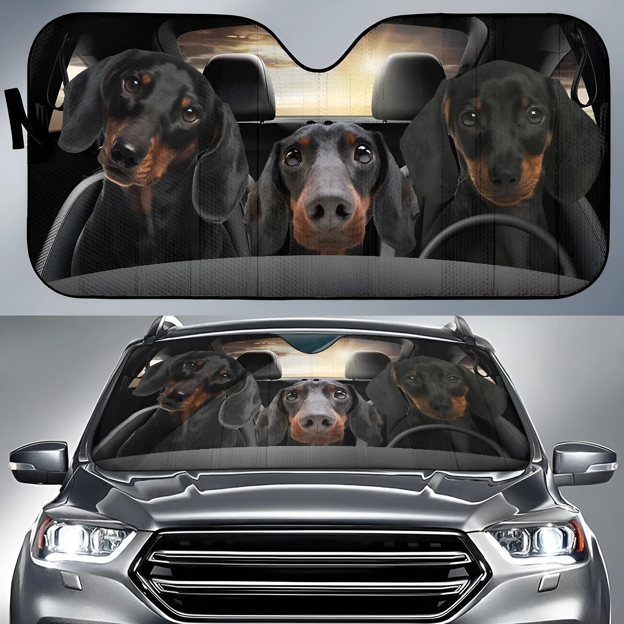 Car front gear sunshade made of aluminium film and polyester fabric with installation lanyard