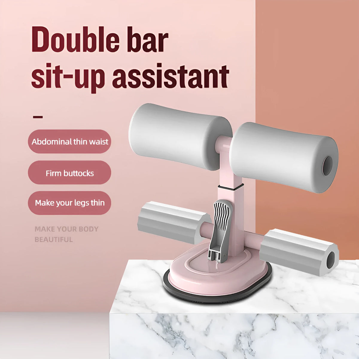 Pink adjustable sit-up bar floor assistant, 27x21cm, with foam padding and suction base