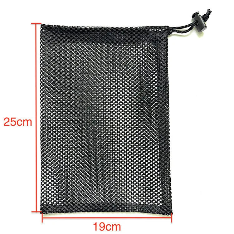 Black drawstring mesh storage bag for children's water ball toys, shown open with a toy inside.