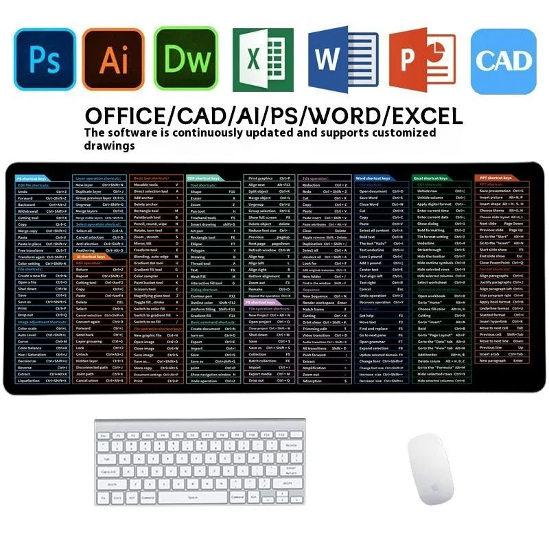 Super large office mouse mat with printed English keyboard shortcut keys and calculator on natural rubber base