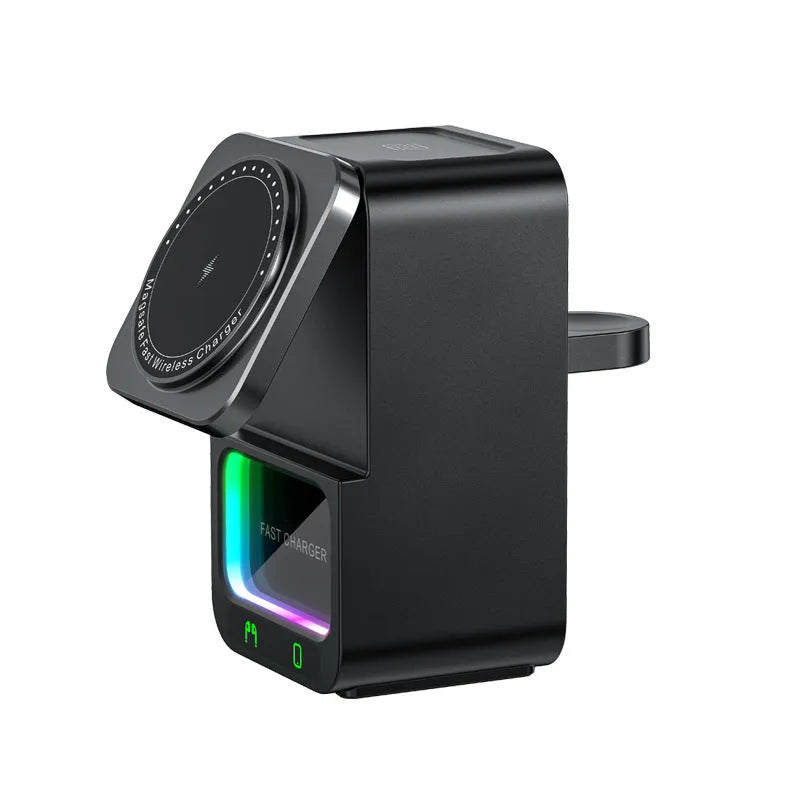 Black and white 5-in-1 Bluetooth speaker with wireless charging station showing magnetic Qi charging area