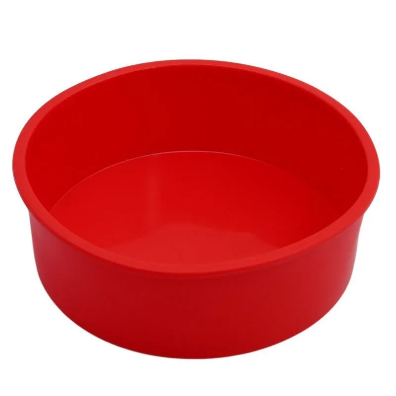 Red silicone round cake mould baking tray showing three sizes: 4 inch, 6 inch, and 8 inch diameters