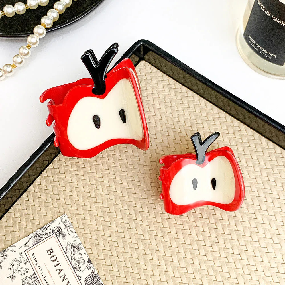 Large red spliced handmade hair clip with apple design, 6.5cm length, mixed material, for women