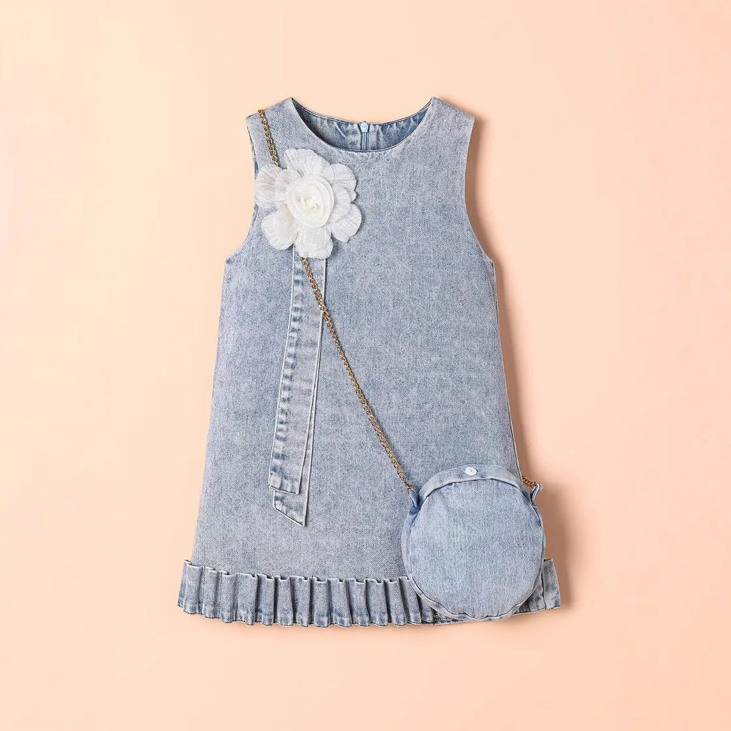 Girl's sleeveless 3D floral denim dress in blue cotton, suitable for height sizes 4Y 5Y 6Y 7Y