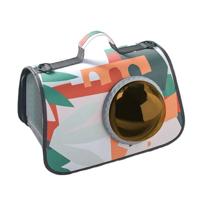 Crossbody pet bag with transparent space cover, PU fabric cartoon pattern, Green Leaves colour