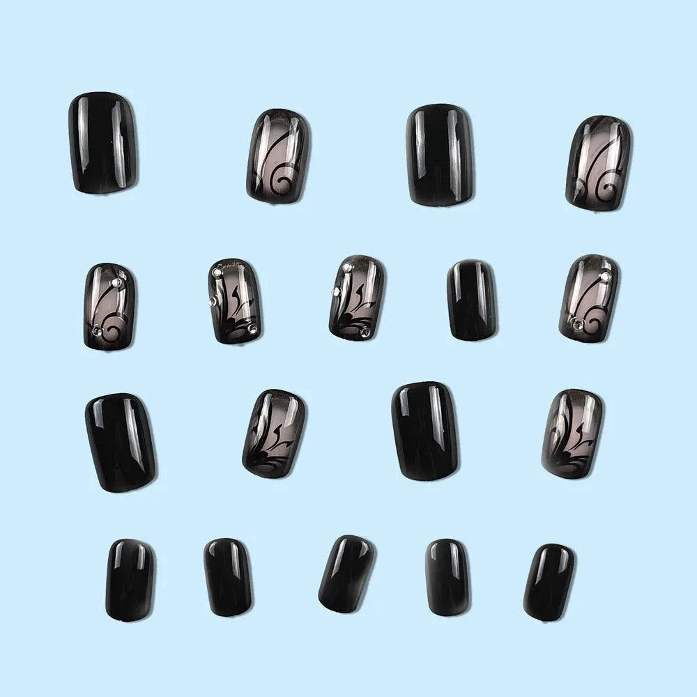 Black vine wearable nails with jelly glue, ultra-thin seamless finish, plaid pattern, one box set