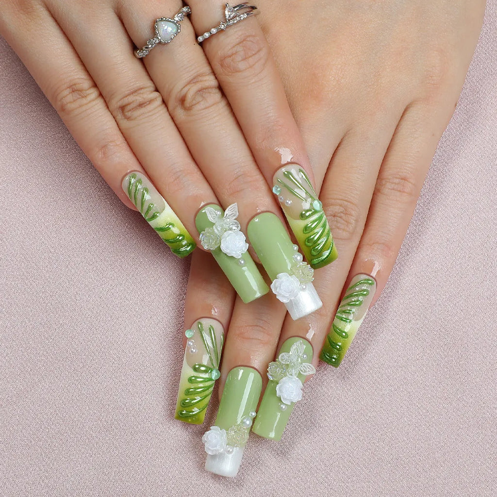 Handmade wearable nail set with heart shape and diamond detail, ten nail stickers, jelly glue and rubbing strips, S M L sizes