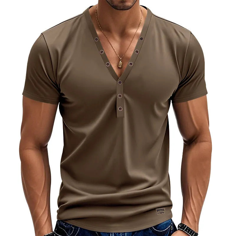 Men's loose thin grey V-neck pullover top with button design on a hanger.