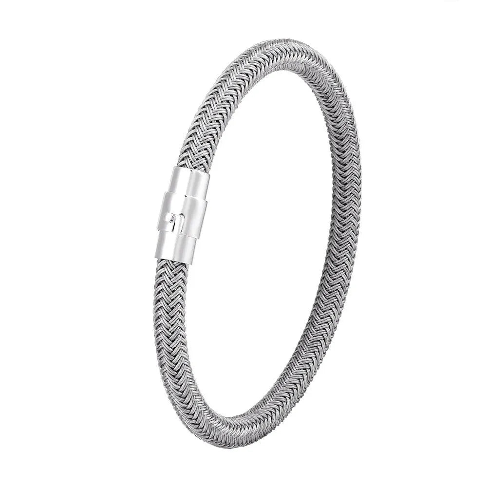 Geometric titanium steel wire bracelet with a magnetic clasp on a wrist, shown in a silver tone.