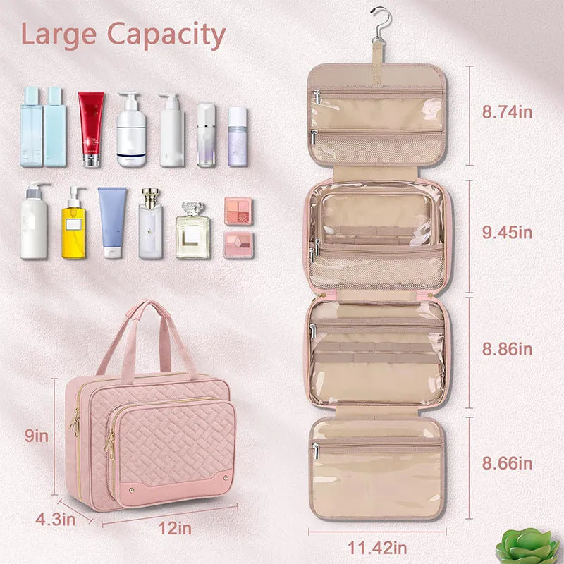 Women's hanging storage cosmetic bag in waterproof polyester, black or pink solid colour, dimensions 30.5cm