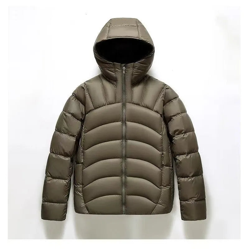 Unisex hooded down jacket in black, solid colour winter coat with ribbed cuffs and high down filling