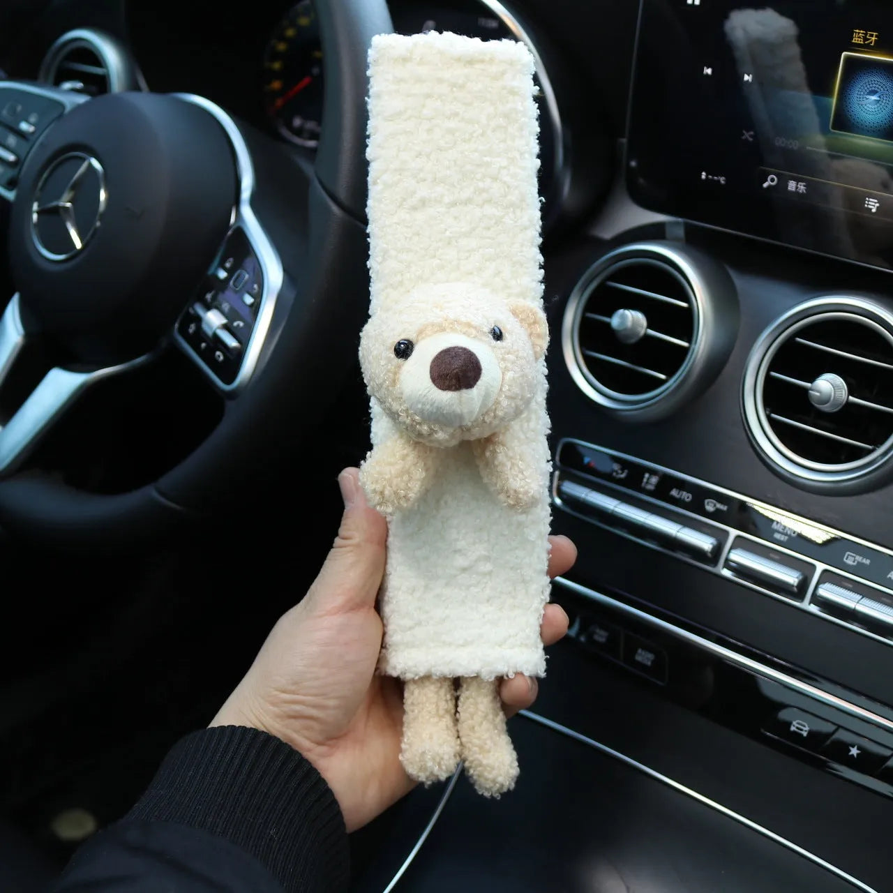 Cartoon plush car seatbelt shoulder protector in lamb wool with Bear and Rabbit designs.
