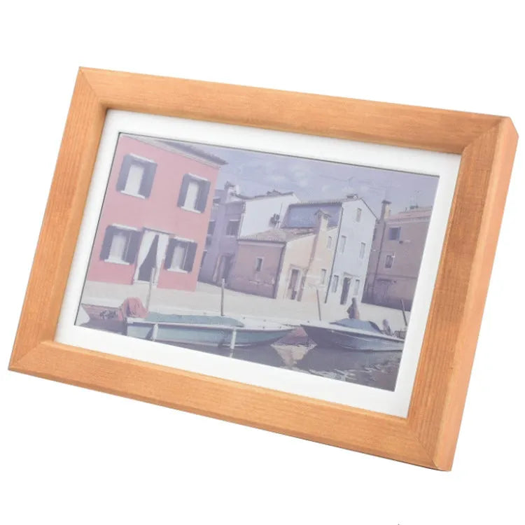 73-inch solid wood photo frame with rainbow colour band and e-ink screen displaying a still image