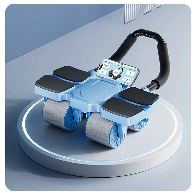 Black automatic rebound abdominal wheel with four blue polyurethane rollers and ergonomic handles on a wooden floor.