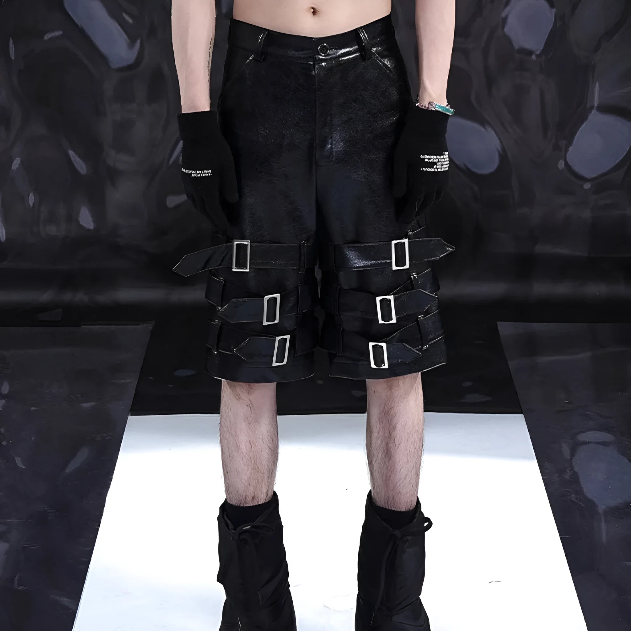 Men's black PU leather cropped pants with leather ring detailing on waistband