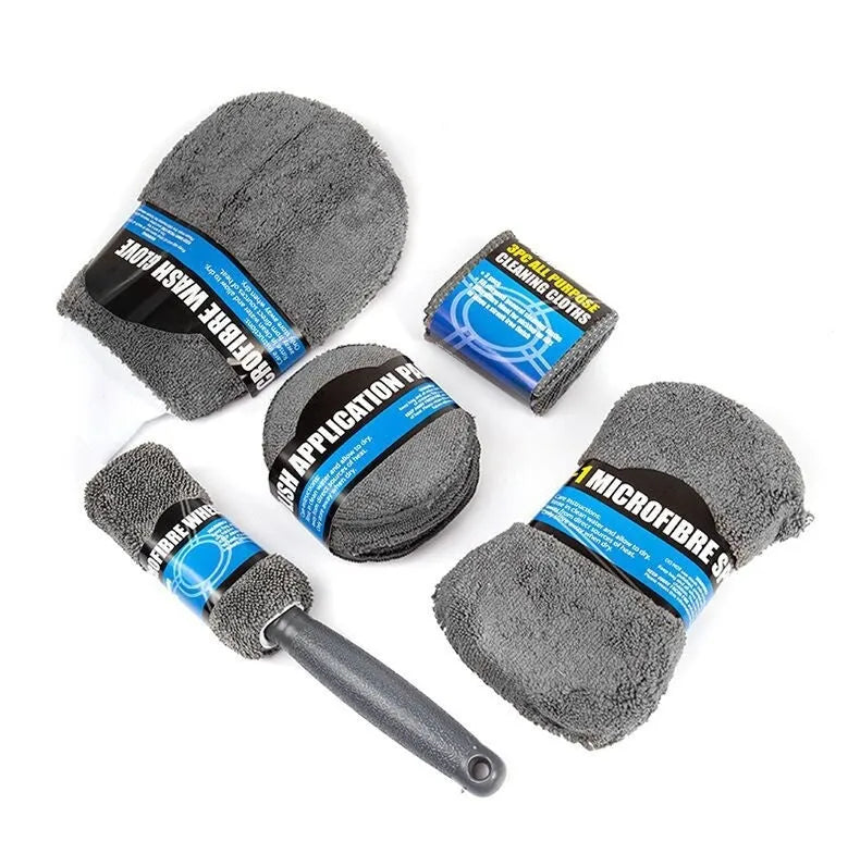 9-piece grey microfiber car wash set with gloves, sponge, tire brush, waxing wipes, and towels