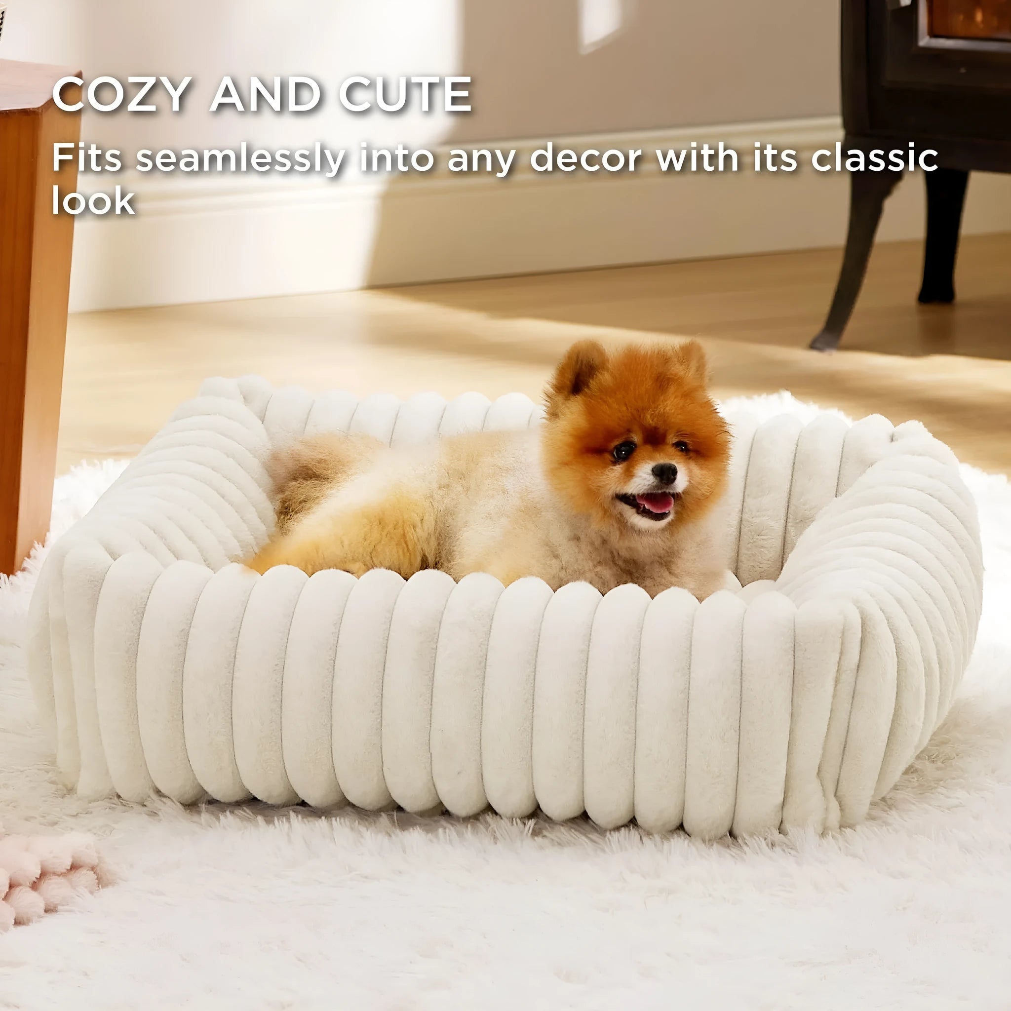 Raised-edge pet dog cat bed cushion in beige, shown in a large size with high sides.