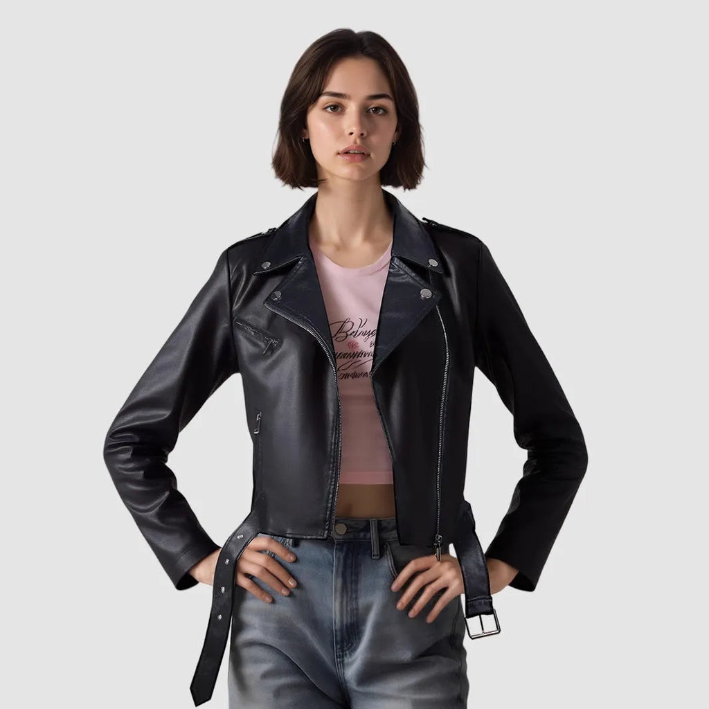 Women's black PU leather jacket with lapel collar and an adjustable waist belt, shown front-on.