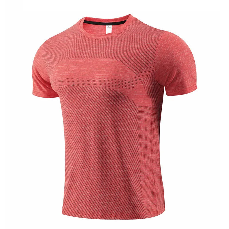 Short sleeve running T-shirt in polyester spandex fabric, available in red, black, and blue colours.