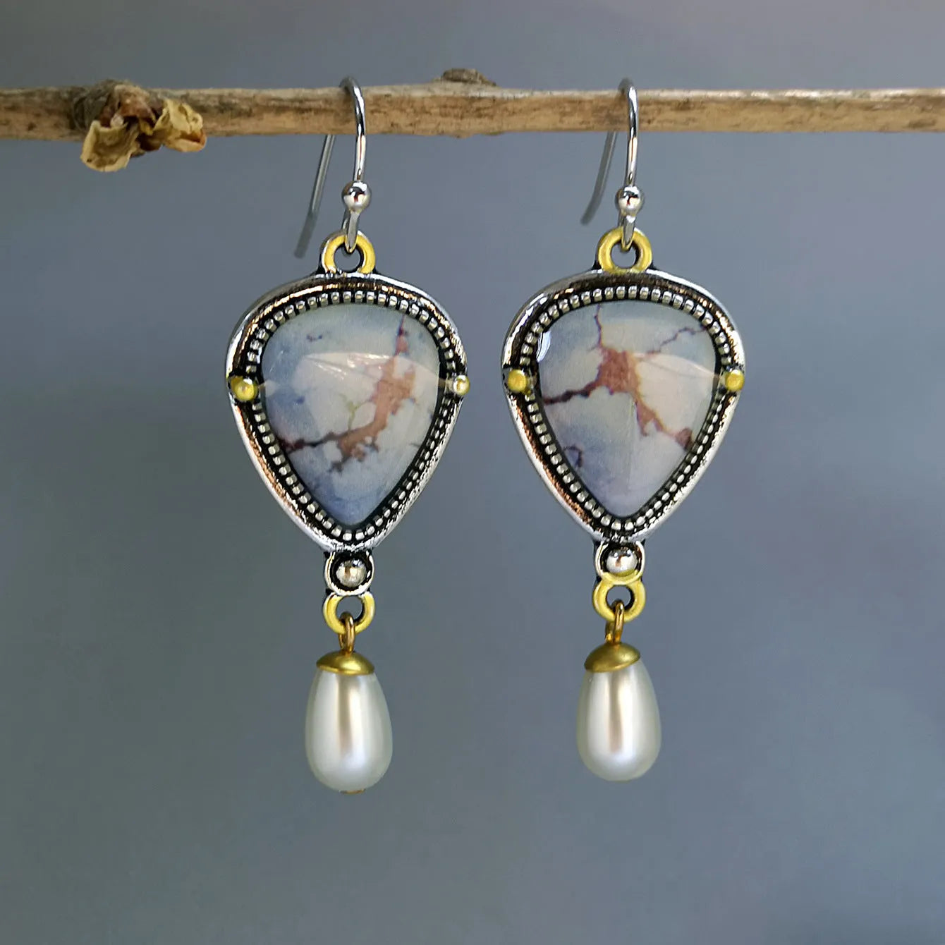 Women's retro blue Bohemian drop earrings with geometric shape and synthetic opal-pearl accents