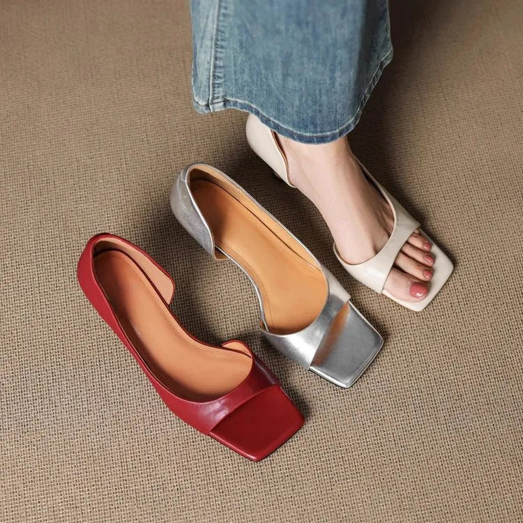 Simple one-strap square toe thin heel sandals in beige with peep toe detail, PU upper and rubber sole