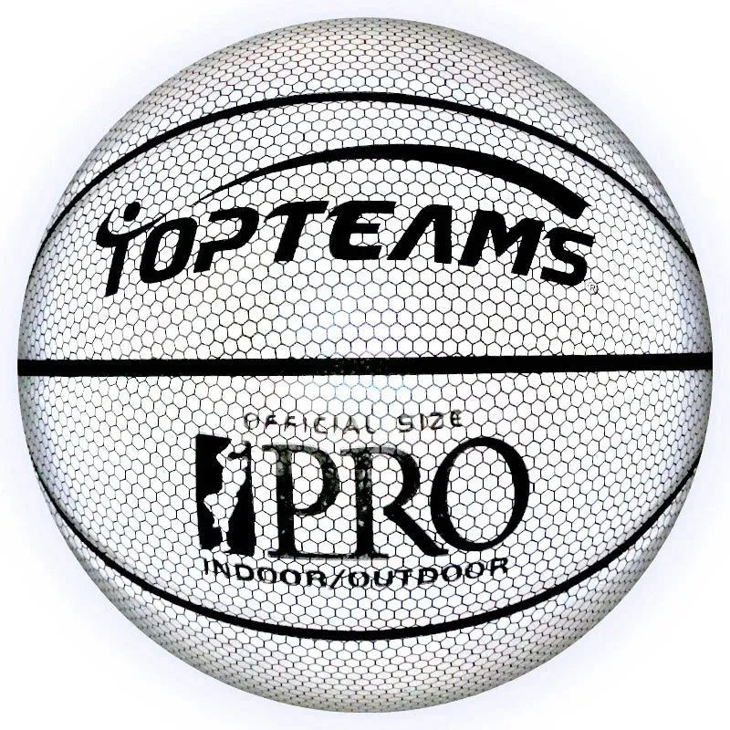 Holographic reflective size 7 PU basketball in White Moonlight colour on court