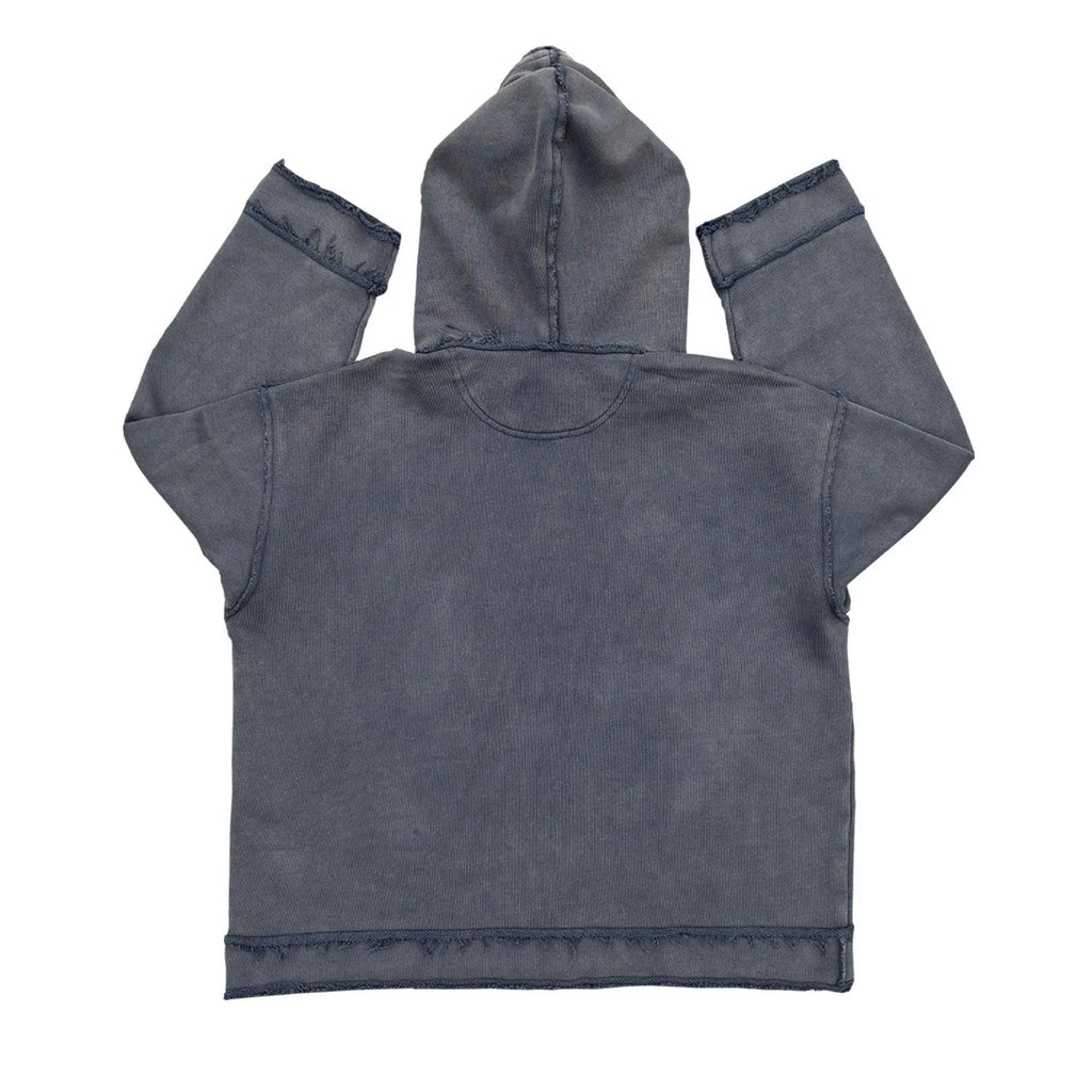 Man wearing a dark blue hoodie sweater, showing front view.