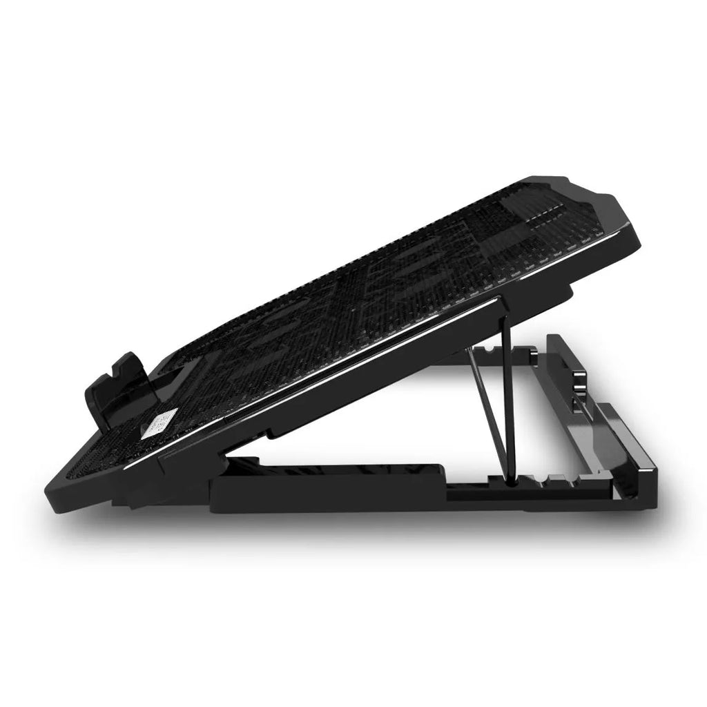 Black metal mesh laptop cooling rack with six ultra-quiet fans and adjustable height on a desk