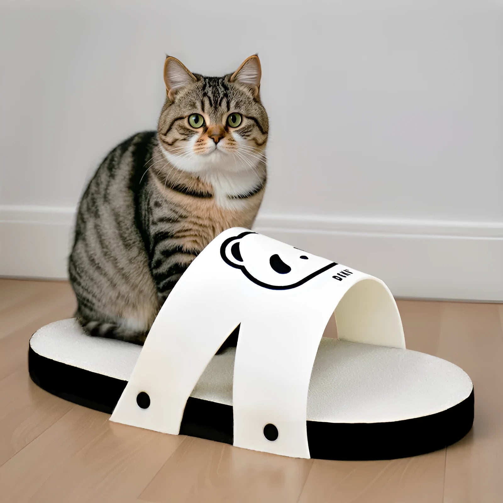 White slipper style corrugated paper cat scratch board on a plain background.
