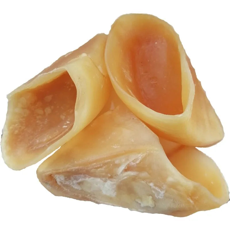Natural cowhide anti-bite grinding rod dog chew in hoof shell colour, shown in small and large sizes.