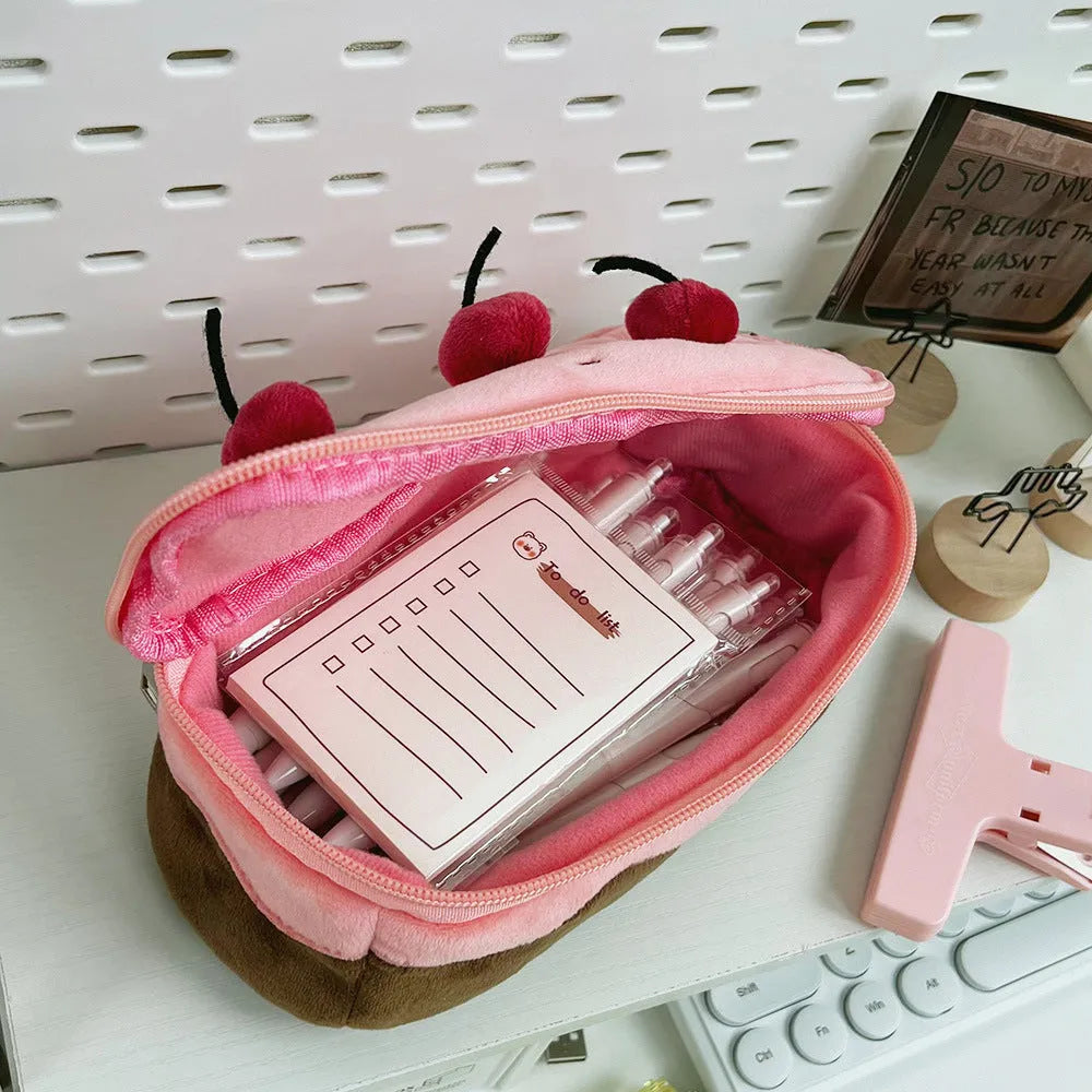Cherry Cake plush design velvet pencil case in Korean style.