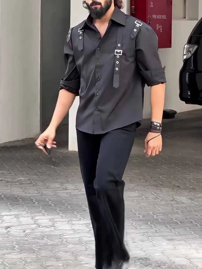 Men's black polyester button-up utility shirt laid flat, showing button front and regular-length cut.