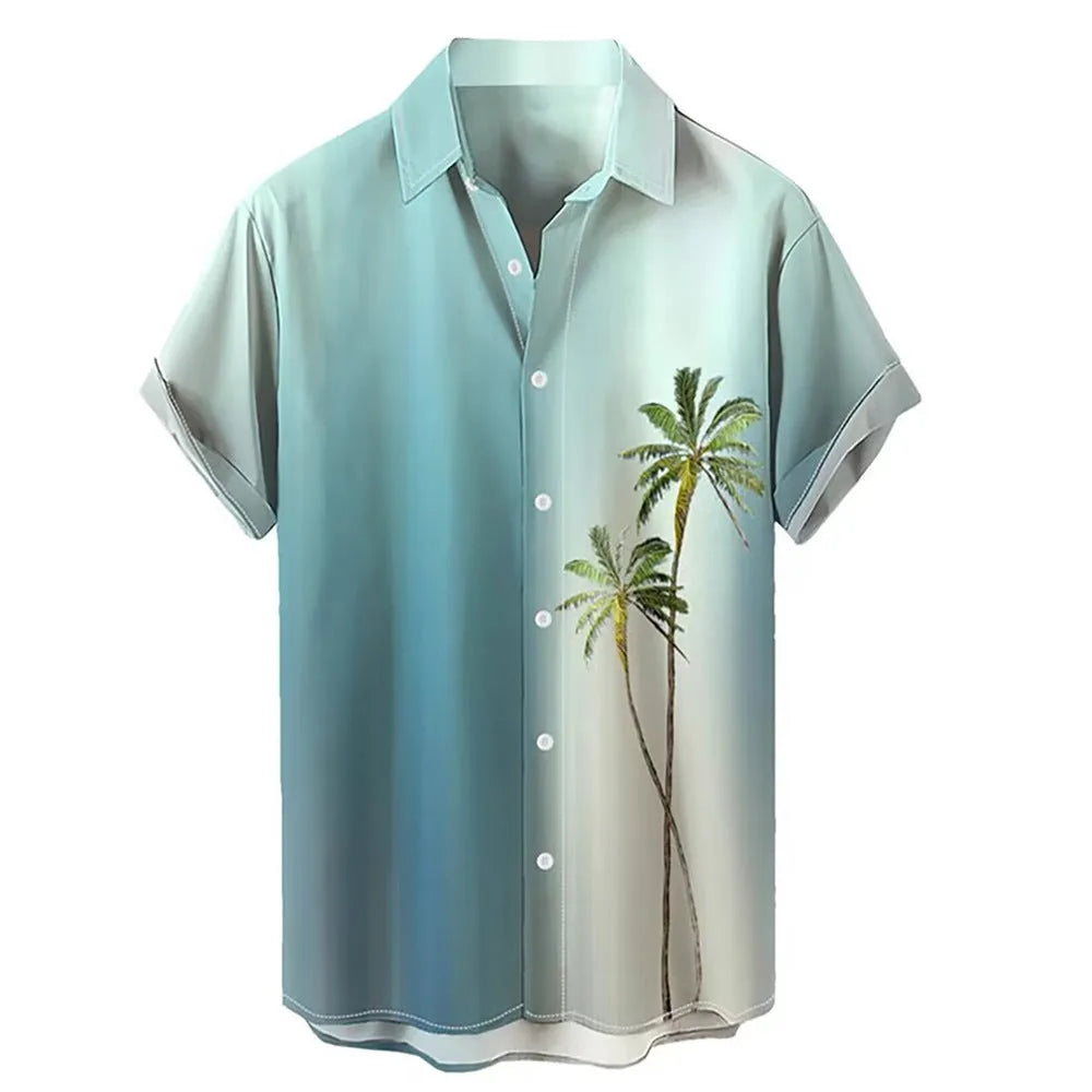 Hawaiian men's short-sleeved shirt with 3D printed colour pattern on polyester fabric